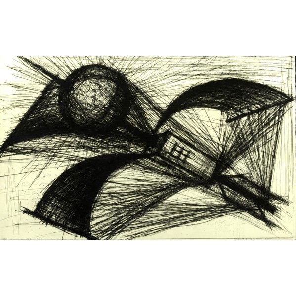 BERNARD BUFFET (French, 1928 - 1999): Engraved drawing in ink; "La Machine Pour Aller dans le Soleil" from Voyages Fantastiques, 1958 (framed); Titled, dated and numbered, 16" X 25 3/4" (sheet)