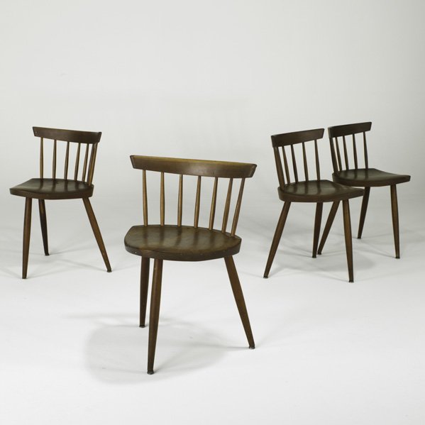 GEORGE NAKASHIMA: Set of four cherry Mira chairs, USA, 1964; Unmarked; 27 1/2" x 19 1/2" x 17 1/2" Provenance: comes with copy of original order card.