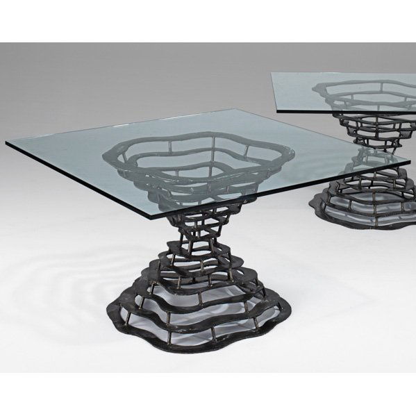 SILAS SEANDEL: Volcano dining table, New York, 1972; Torch-cut, brushed and welded steel, plate glass; Unsigned; 30" x 52" sq.