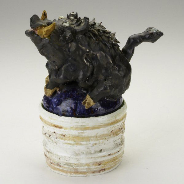 DAVID GILHOOLY: Glazed earthenware lidded pot, ''Warthog''; Inscribed David Gilhooly 1971; 10 1/4'' x 9''