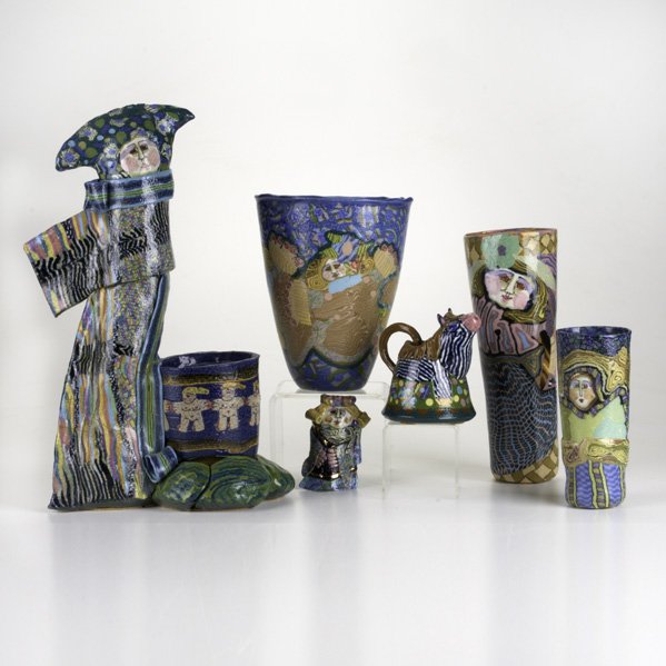 JANE GOSLIN PEISER: Six sculptural works, Penland, NC, 2000s: large figural planter, three vases with faces, zebra creamer, and pin ; All signed, Tallest:16"