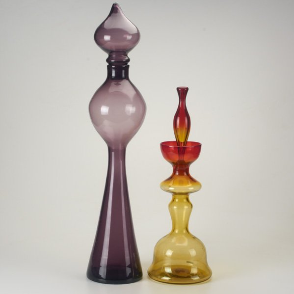 BLENKO: Two glass decanters, tangerine and plum; Acid etched signature; Taller 31"