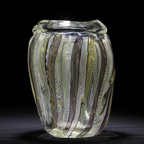 FRITZ DREISBACH: Latticino glass vase, USA, 1986; Signed and dated; 10 3/4" x 8"
