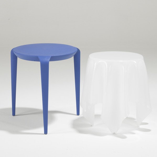 MARIO BELLINI; HELLER, ETC.: Two side tables: "Tavolini" molded plastic table, and draped acrylic table, Italy c.1999; Blue table: 18" x 17" dia and white table: 17" x 13" dia.