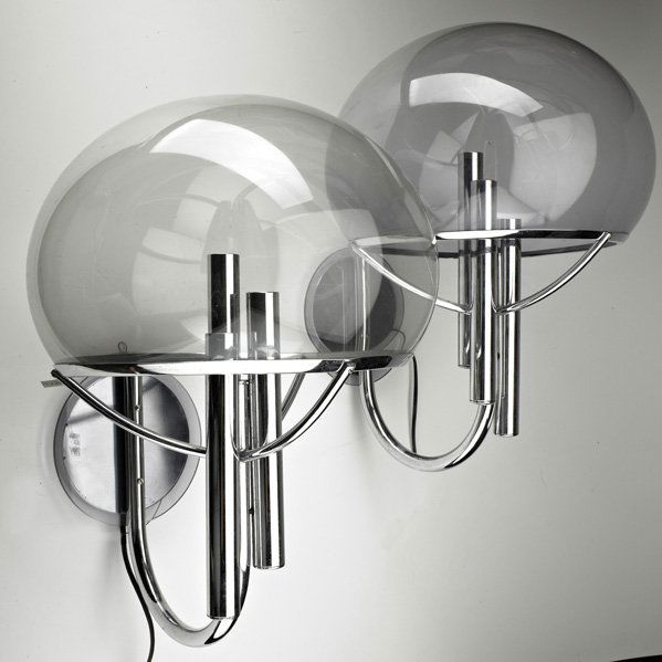GAETANO SCIOLARI: Pair of chrome and acrylic dome-top sconces, Italy, c.1970; Made in Italy metal tag; Each: 24" x 15" dia. x 16"