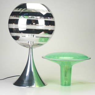 ROSS LOVEGROVE; LUCE PLAN; VISO: Tall "Zebra" table lamp by Viso, together with Luce Plan saucer lamp, Italy c.2005; Acrylic, aluminum, molded plastic; Both labeled; Tallest: 27" x 15" dia.