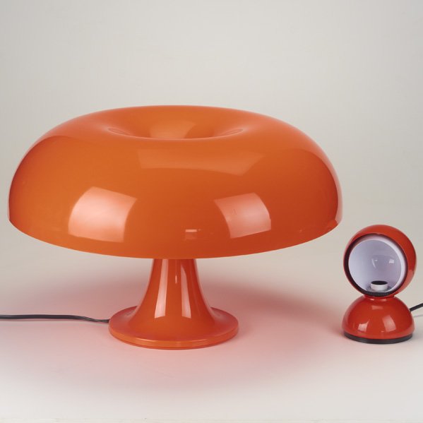 GIANCARLO MATTIOLI; VICO MAGISTRETTI; ARTEMIDE: Nesso table lamp and Eclisse desk lamp, Italy c.2005; Molded plastic, enameled metal; Both marked; Tallest approx.: 14" x 22" dia.