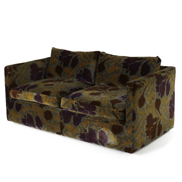 MILO BAUGHMAN; THAYER COGGIN: Love seat, USA, 1970s; Cotton upholstery; Labeled; 25" x 61" x 32"