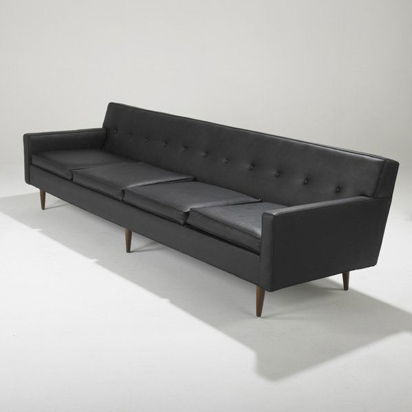 MILO BAUGHMAN; THAYER COGGIN: Sofa, USA, 1950s; Vinyl and walnut; Unmarked; 27" x 97" x 30"