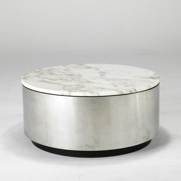 WARD BENNETT (Attr.); BRICKEL: Coffee table, USA, 1970s; Marble, polished aluminum and painted metal; 14" x 30" dia