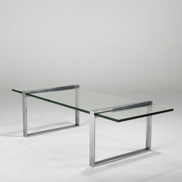 CHARLES HOLLIS JONES: Coffee table, USA, 1970s; Glass and chromed steel; Unmarked;17 1/2" x 60" x 25 1/2"