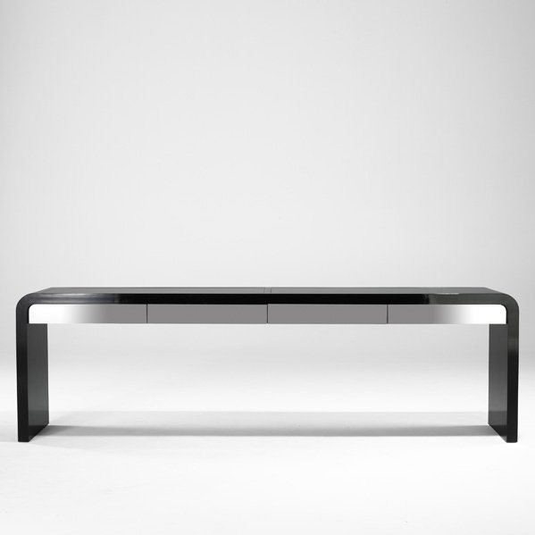 AMERICAN MODERN: Console table, USA, 1970s; Lacquered wood, mirrored glass; Unmarked; 33" x 106" x 19"
