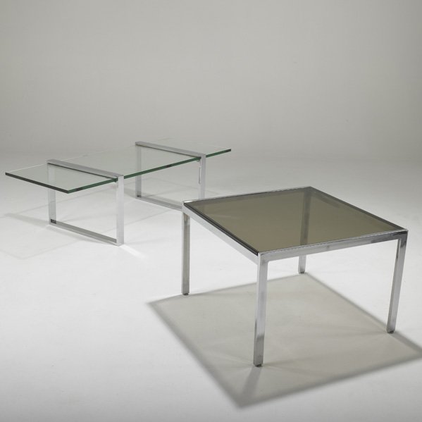 PATRICIAN (Attr.): Coffee table and sofa table, USA, 1970s; Glass and chromed steel; Unmarked; Coffee table: 17 1/2" x 60" x 25 1/2"