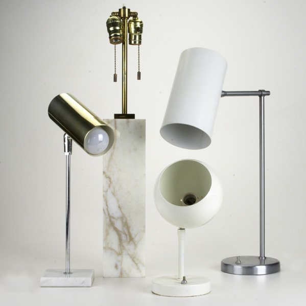 ROBSJOHN GIBBINGS; HANSEN, ETC: Four lamps: Marble and brass Hansen lamp designed by Robsjohn Gibbings, adjustable Nessen lamp in enameled and brushed metal, and two lamps by Koch & Lowy; Nessen lamp with paper label; Tallest : 26"