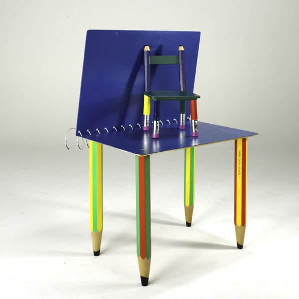 PIERRE SALA DESIGN: Table and child's chair, France, 1980; Painted wood and chromed metal; Signed; Table: 26" x 34 1/2" x 27"