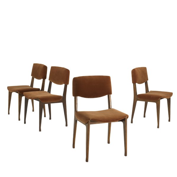 ICO PARISI; MIM: Set of four dining chairs, Italy, 1950s; Walnut and velvet; Fabric labels; Each: 31" x 18 1/2" x 20"