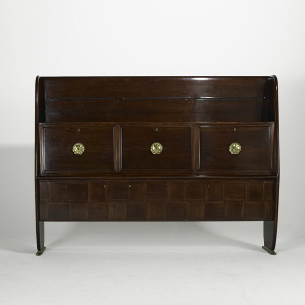 OSVALDO BORSANI (Attr.): Large cabinet, Italy, 1940s; Mahogany, birch, brass, glass; Unmarked; 69" x 93" x 18"; Note: Features three drop-front compartments and sliding doors