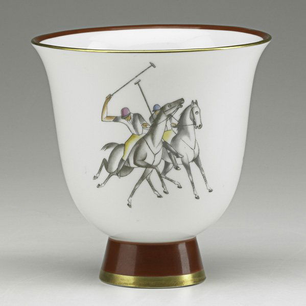 GIO PONTI; R. GINORI: Porcelain coupe transfer-decorated with polo players, Italy, 1920s; Green stamp, MADE IN ITALY * RICHARD GINORI * 37-6; 5 3/4" x 5 1/4"