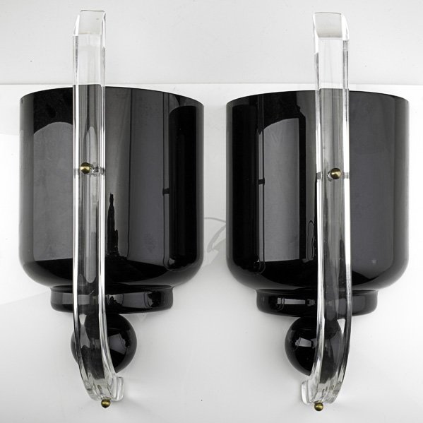 ITALIAN: Pair of sconces, 1940s; Clear and amethyst glass, brass, single socket; Unmarked; Each: 19 1/2" x 9 1/4" x 5 3/4"