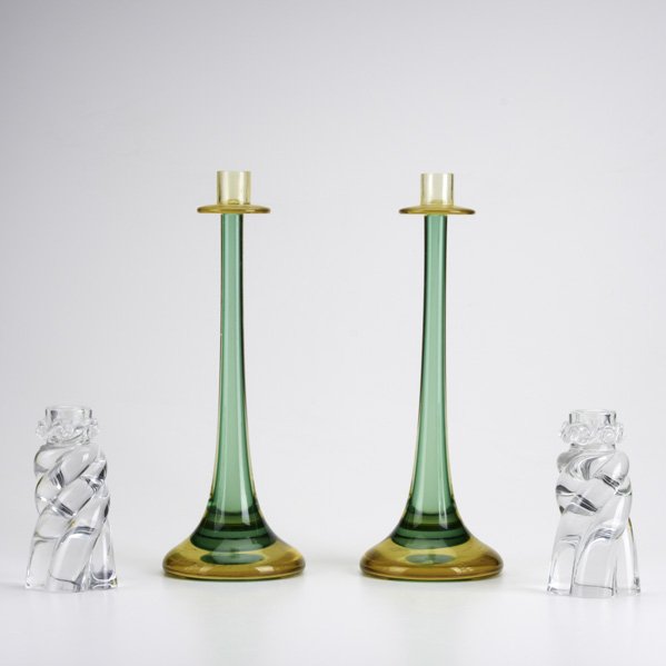 OGGETTI; BACCARAT: Two pairs of candlesticks: tall Oggetti sommerso glass candlesticks, and Baccarat twist crystal candlesticks; Both marked; Tallest: 14 1/2"