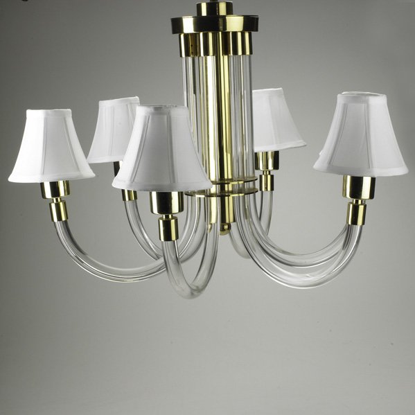 DOROTHY THORPE: Six arm chandelier; USA, 1950S; Lucite, brass, linen shades; Overall 21" x 28" dia.