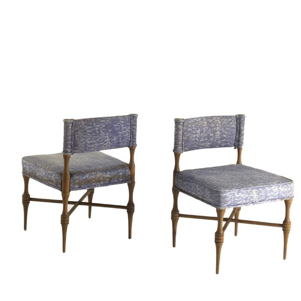TOMMI PARZINGER (Attr.): Pair of slipper chairs, USA, 1950s; Walnut and upholstery; Unmarked; Each: 26" x18" x 18 1/2"