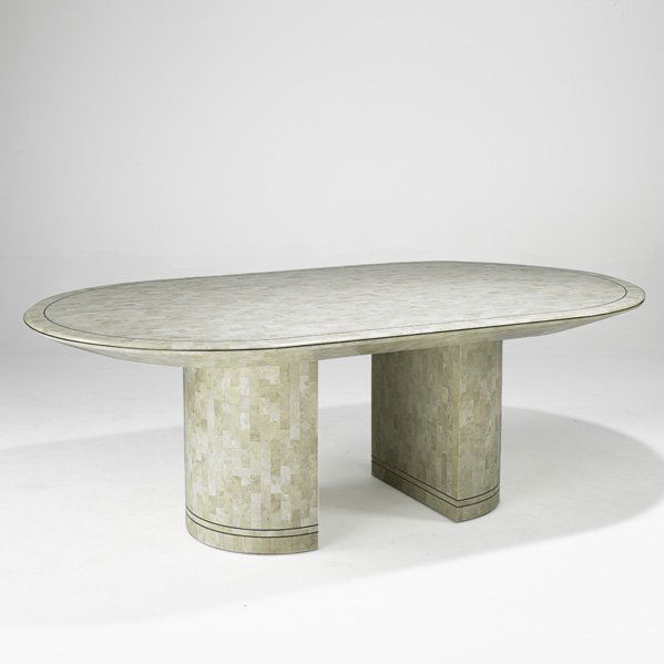 KARL SPRINGER; KARL SPRINGER INC.: Dining table, USA, 1980s; Tessellated stone, brass; Brass label; 29 1/4" x 84 1/2" x 48 1/2"