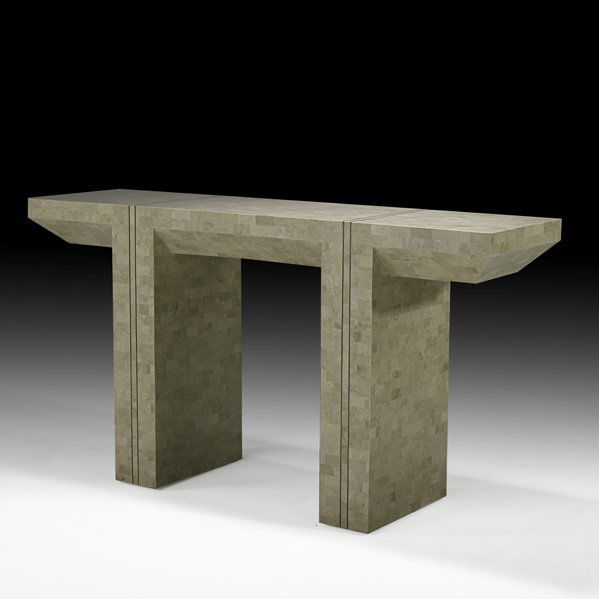 KARL SPRINGER: Console, New York, ca. 1980; Tessellated stone, inlaid brass; Brass label; 32 1/2" x 60 1/2" x 16 1/2"