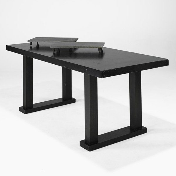 CHRISTIAN LIAIGRE; HOLLY HUNT: Large dining table and two trivets, Chicago, 1990s; Ebonized mahogany, cerused oak; Unmarked; 29" x 74" x 32"