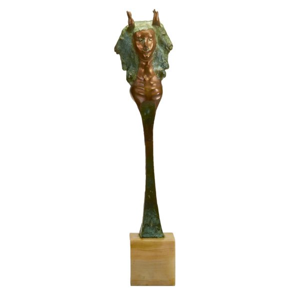 WOLFGANG BEHL (American, 1918-1994): Multi-faceted sculpture of a man, woman and two goats' heads on a marble base; Signed Behl; 21" x 3 1/4"