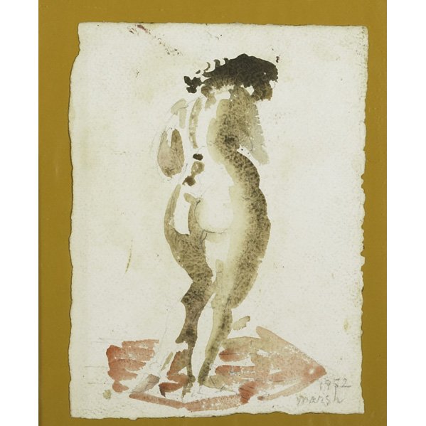 REGINALD MARSH (American, 1898-1954): Watercolor on paper of a nude, 1952 (framed); Signed and dated; 5 1/2" x 7" (irregular)
