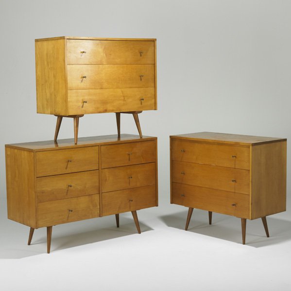 PAUL McCOBB; WINCHENDON: Planner Group three piece dresser suite, USA, 1950s; Birch and brass; Labeled; Longest: 33 1/2" x 48" x 18" and short: 33 1/2" x 36" x 18"