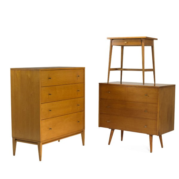PAUL McCOBB; WINCHENDON: Planner Group bedroom suite, USA, 1950s: tall dresser, low dresser and nightstand; Birch and brass; Branded and foil labels; Tall dresser: 42 1/2" x 36" x 18 1/2", short dresser: 34" x 36" x 19", nigh