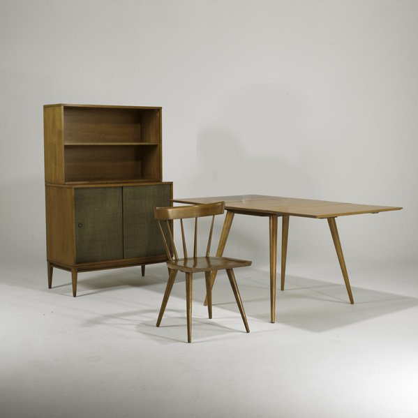 PAUL McCOBB; WINCHENDON: Planner Group three pieces, USA, 1950s: cabinet with hutch, drop-leaf dining table and chair; Unmarked; Hutch: 57 1/2" x 36" x 18"