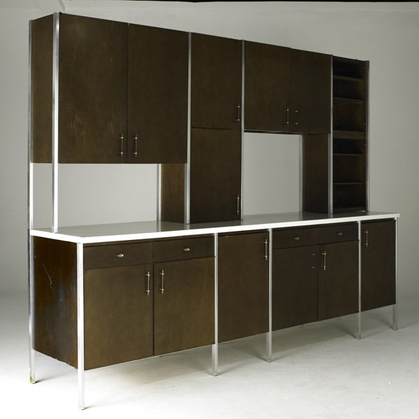 PAUL McCOBB: Wall cabinet, 1960s; Beech, aluminum, laminate and rosewood; Pencil numbered; 85" x 109" x 25"