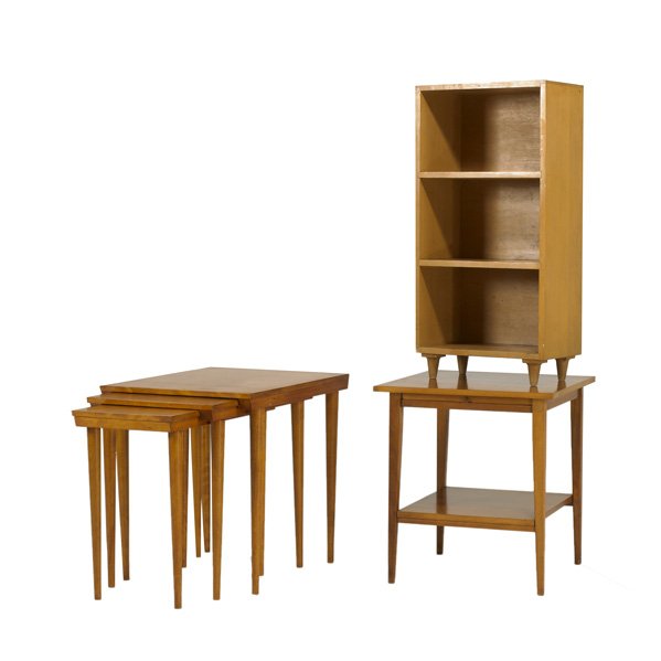 RUSSEL WRIGHT; PAUL McCOBB; ETC: Nesting tables, sofa table, and bookcase, USA, 1950s; Birch and brass; Nesting tables and nightstand branded; Nesting tables: 24" x 20 1/2" x 26"