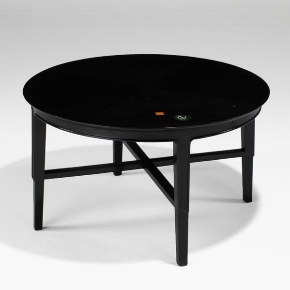 EDWARD WORMLEY; DUNBAR: Janus coffee table, USA, 1960s; Mahogany, glazed tile; Brass D label; 17 1/4" x 32" dia
