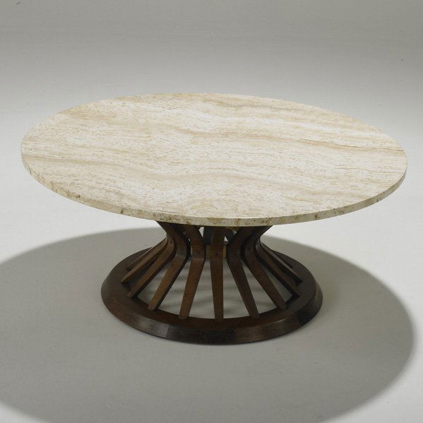 EDWARD WORMLEY; DUNBAR: "Sheaf-Of-Wheat" coffee table, USA, 1950s; Polished travertine, maple and brass; Unmarked; 15 1/2" x 36" dia