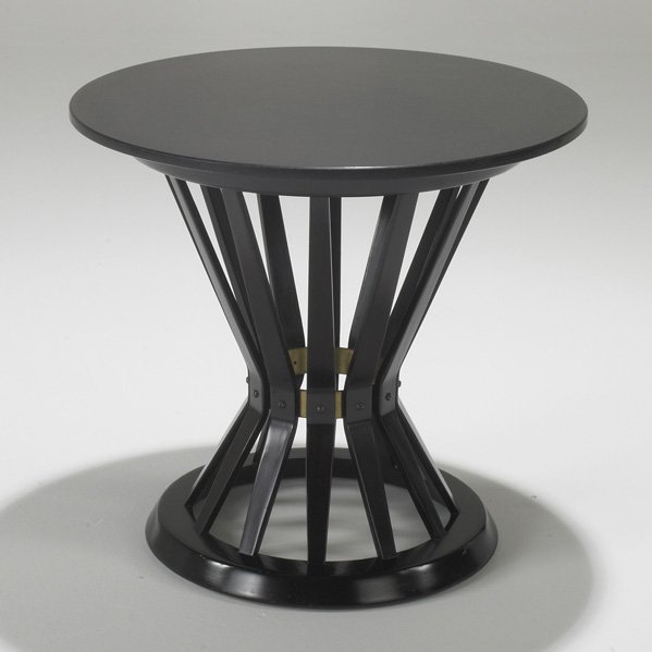 EDWARD WORMLEY; DUNBAR: Sheaf-Of-Wheat occasional table, Berne, IN; Mahogany, brass and marble; Brass tag; 20" x 22" dia.
