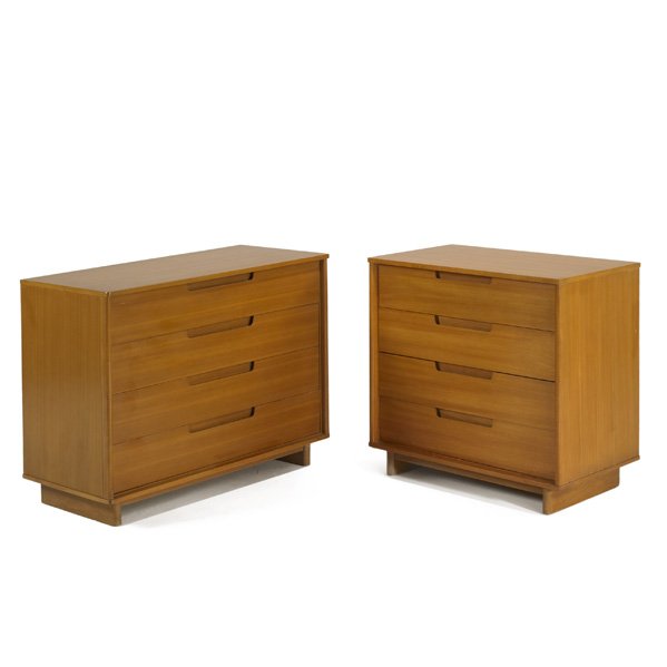 EDWARD WORMLEY; DREXEL: Two four-drawer chests, USA, 1950s; Elm; Branded; Larger: 29" x 39 1/2" x 18 1/2"