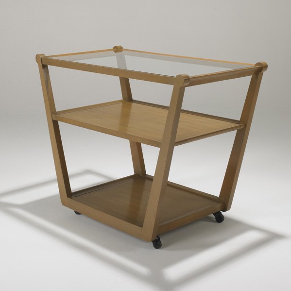 EDWARD WORMLEY; DREXEL: Serving cart, USA, 1950s; Birch and glass; Steciled marks; 30" x 37" x 20 1/2"