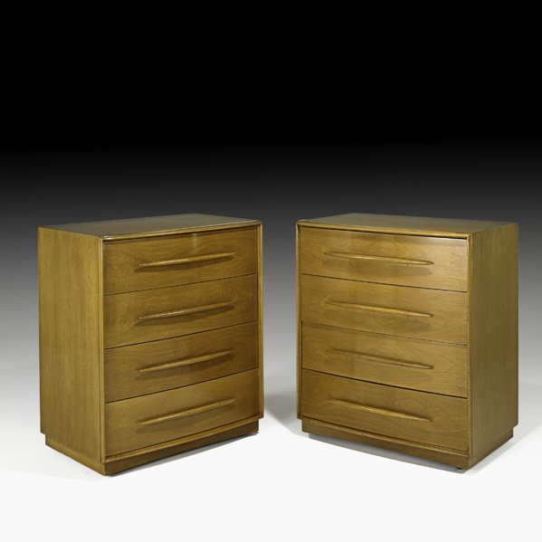 T.H. ROBSJOHN GIBBINGS: Pair of four-drawer dressers, Grand Rapids, MI, 1950s; Walnut, brass; Fabric labels; 39" x 34" x 21 1/2"