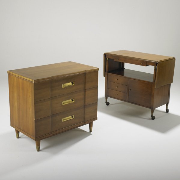 JOHN WIDDICOMB: Three-drawer dresser and bar cart; USA, 1950s; Bleached walnut and brass; Marked; Dresser: 32" x 36" x 21" and cart: (closed): 33" x 37" x 18"