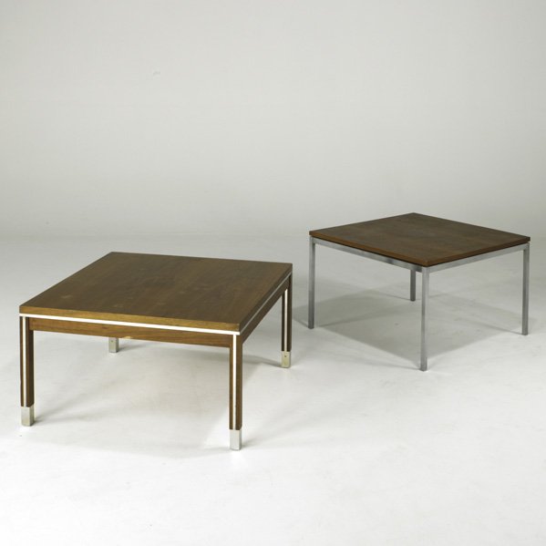 FLORENCE KNOLL DIRECTIONAL: Two occasional tables, USA, 1960s; Walnut, matte-chromed steel and aluminum; Manufacturer labels; Knoll table: 17" x 27" sq.