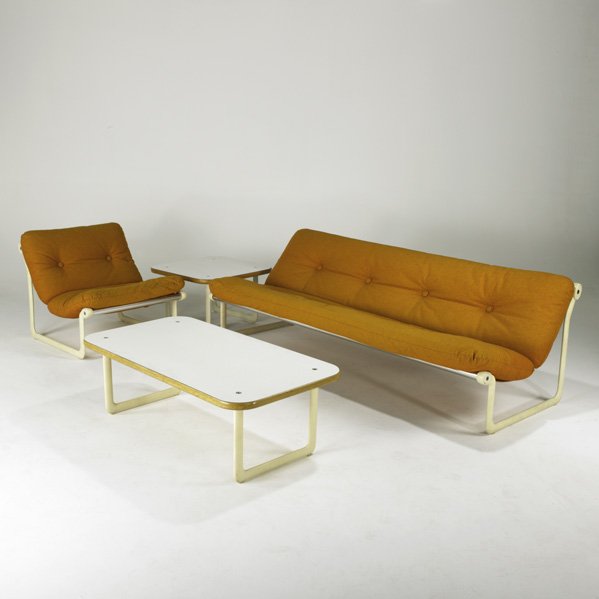 BRUCE HANNAH AND ANDREW MORRISON; KNOLL: INTERNATIONAL; Sling sofa, lounge chair, coffee table and sofa table, USA, ca. 1970; Wool, polished and aluminum, plywood and laminate; Knoll International label; Sofa: 28" x 82" x 33", chair: 28" x 3