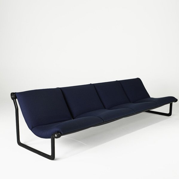 ANDREW MORRISON AND BRUCE HANNAH; KNOLL: INTERNATIONAL; Four-seat sofa, USA, 1960s; Wool, enameled metal and aluminum; Manufacturers labels; 26" x 107" x 34"