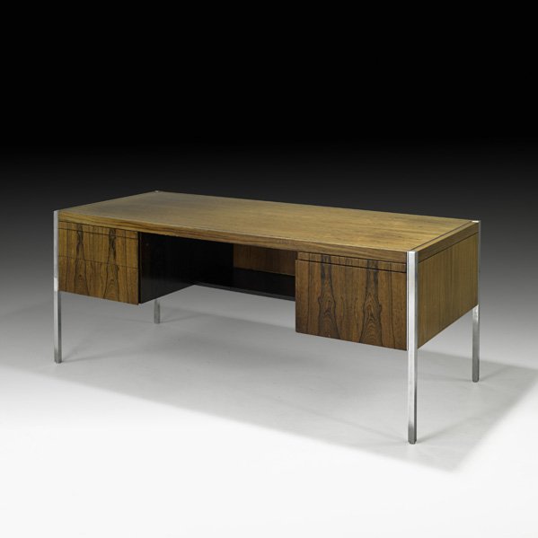 RICHARD SCHULTZ: Executive desk, USA, 1960s; Rosewood, chromed steel; Unmarked; 29" x 72" x 32"