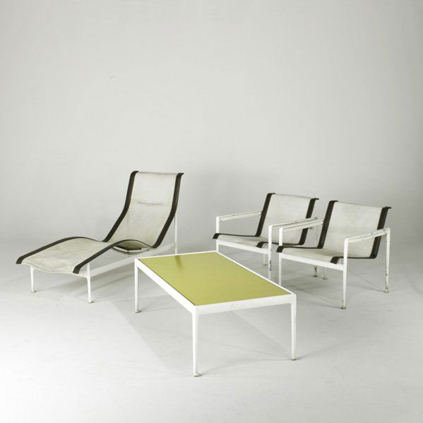 RICHARD SCHULTZ; KNOLL ASSOCIATES: Outdoor chaise, coffee table and two lounge chairs; Painted aluminum, leather, mesh and enameled steel; Unmarked; Chairs: 26" x 26" x 28" , chaise: 33" x 60" x 24" and coffee table: 15 11/2" x 48" x 2