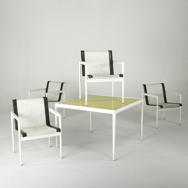 RICHARD SCHULTZ; KNOLL ASSOCIATES: Outdoor table and four chairs; Painted aluminum, leather, mesh and enameled steel; Unmarked; Table: 26 1/2" x 38" sq. and chairs: 29 1/2" x 23" x 26"