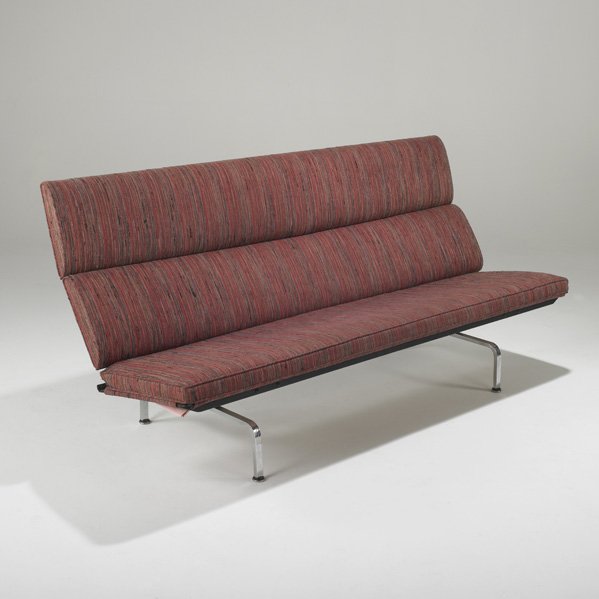 CHARLES AND RAY EAMES; HERMAN MILLER: Compact sofa, USA, 1950s; Plywood core, upholstery and chromed steel; Unmarked; 34" x 71" x 28"